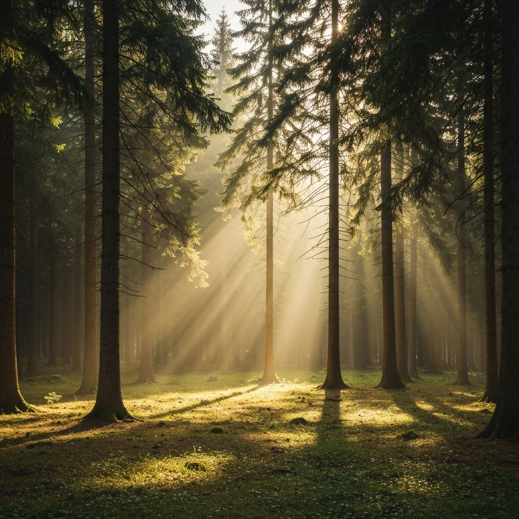 Sanfte Sonnenstrahlen durch Tannen