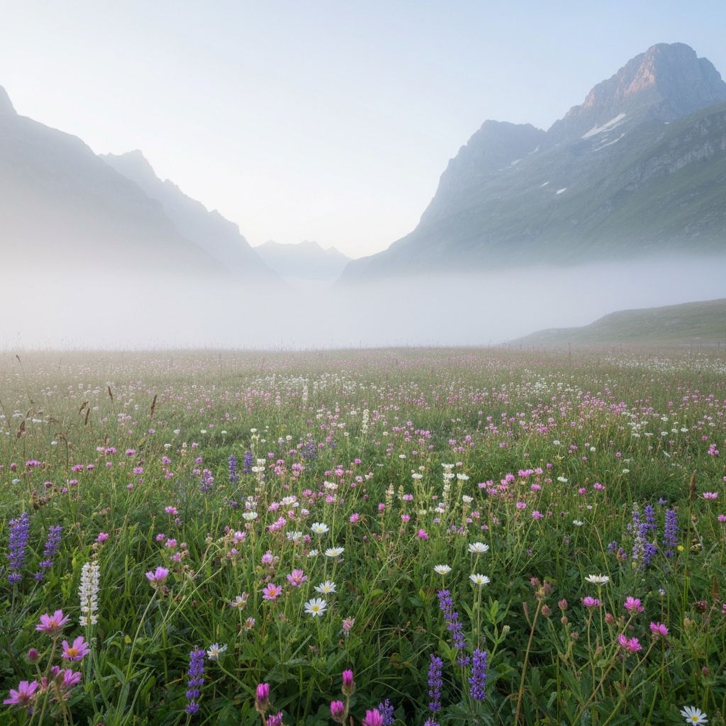 Sanfte Alpenwiese im Nebel